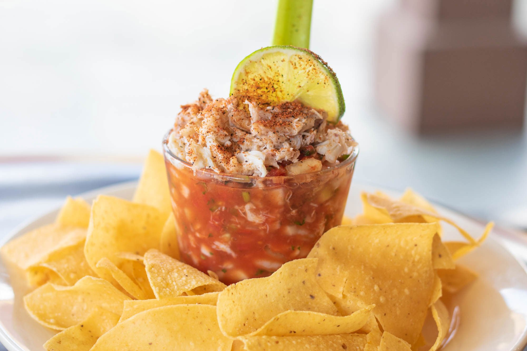 Fresh made salsa with tomato, onion, cucumber, and lime juice with boiled shrimp. 