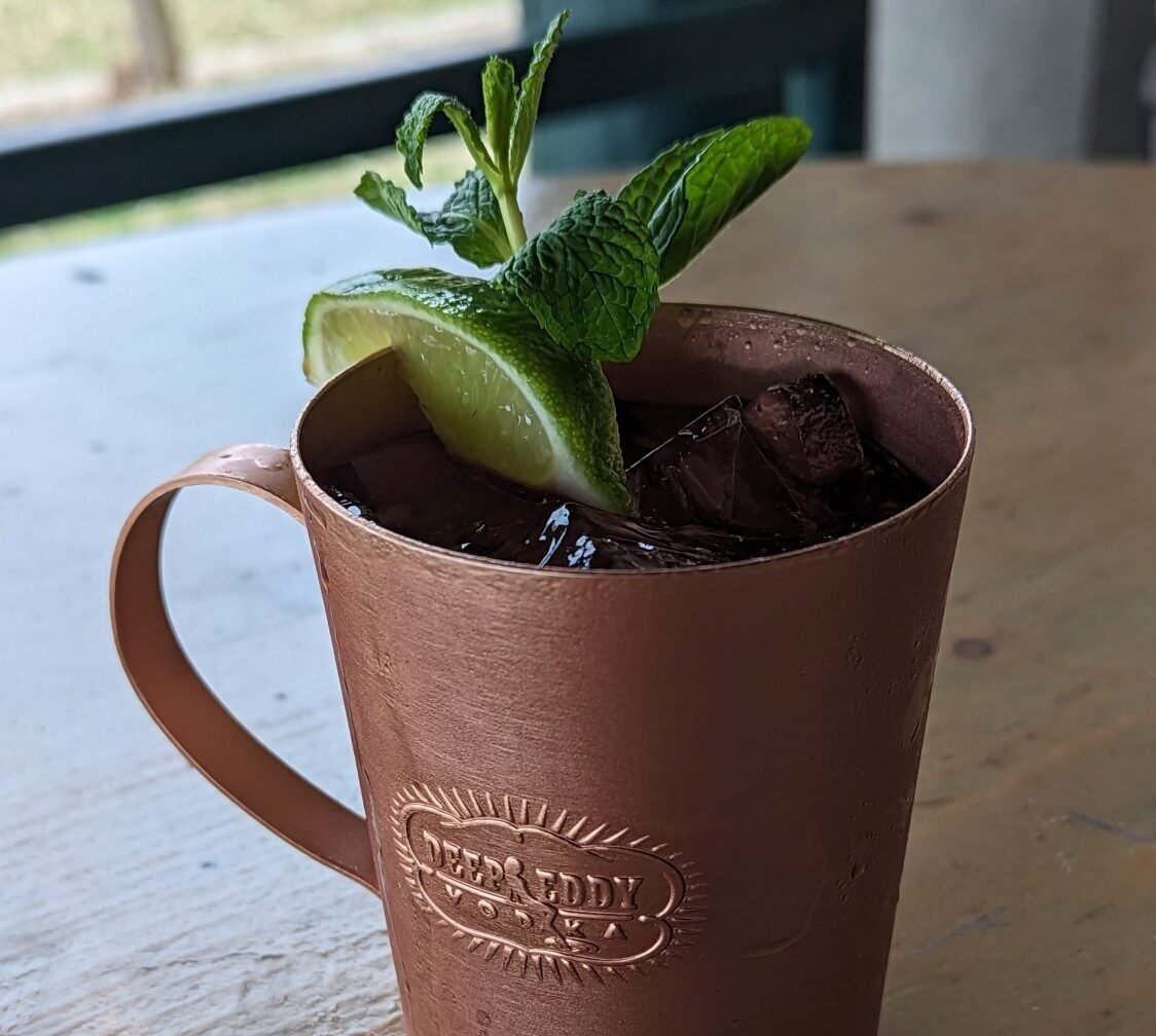 Deep Eddy Ruby Red vodka with fresh lime juice & Q ginger beer, in a copper mug